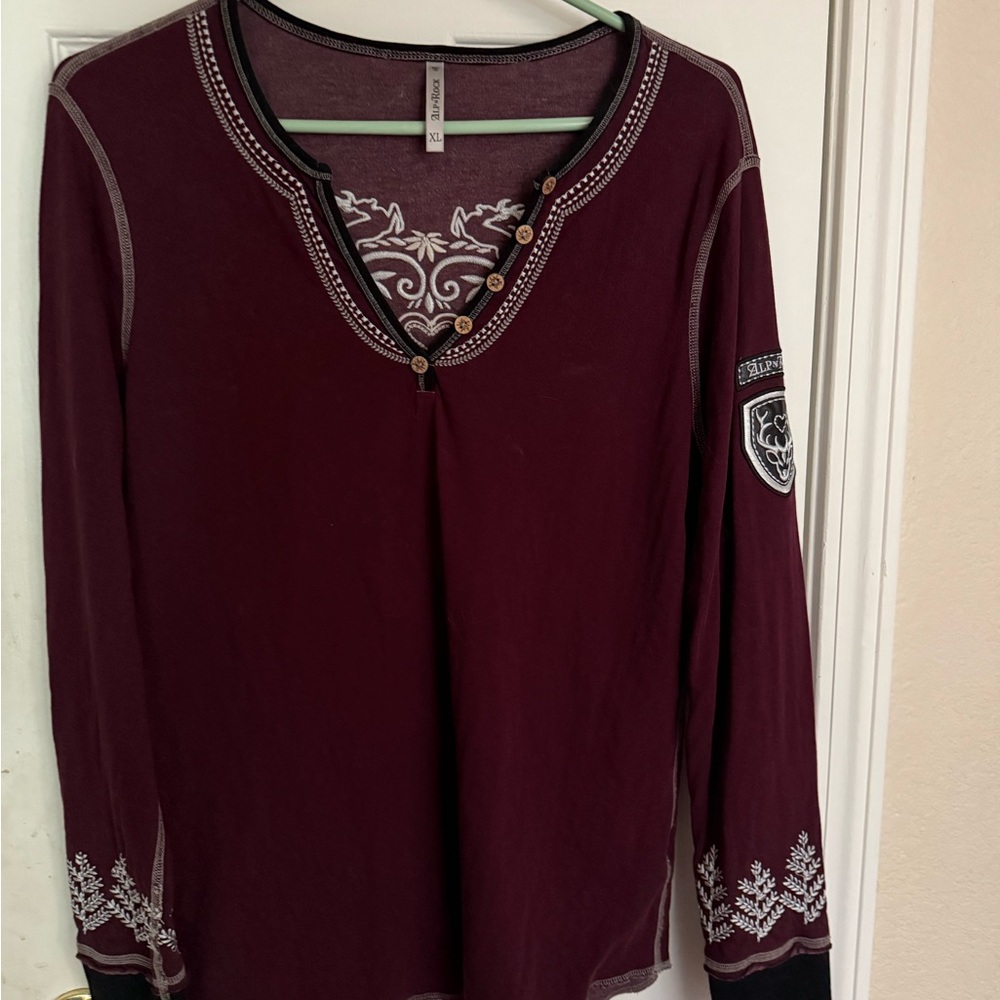 Alp N Rock Burgundy Long Sleeve Top with embroidery and patch